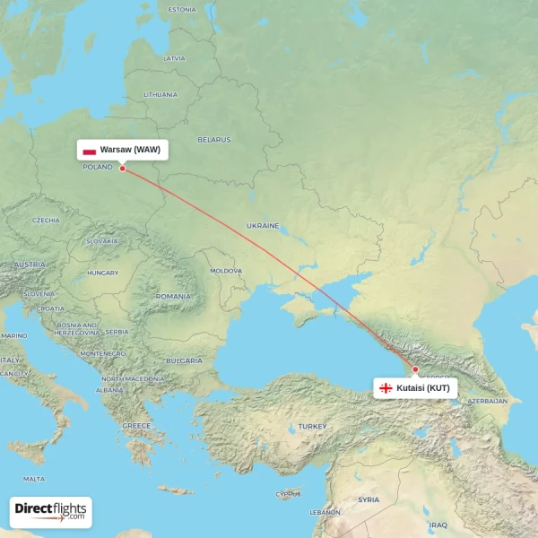 Kutaisi - Warsaw direct flight map