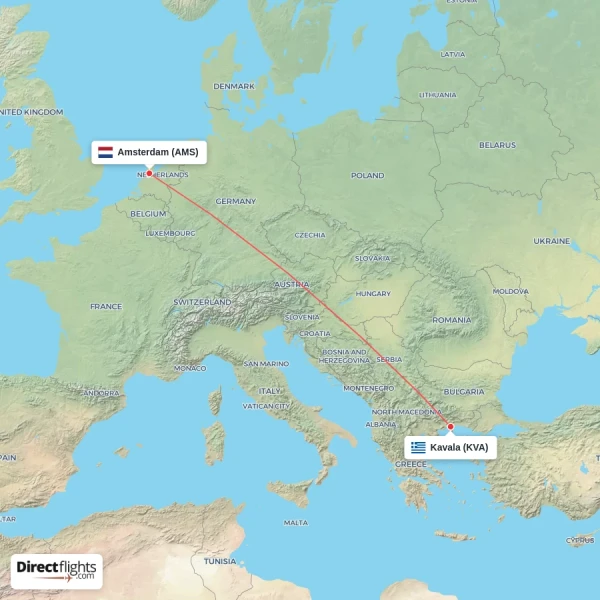 Kavala - Amsterdam direct flight map