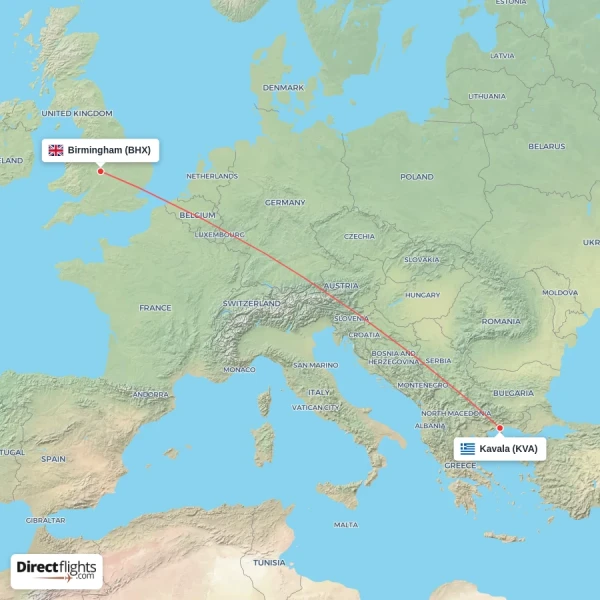 Kavala - Birmingham direct flight map