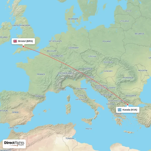 Kavala - Bristol direct flight map