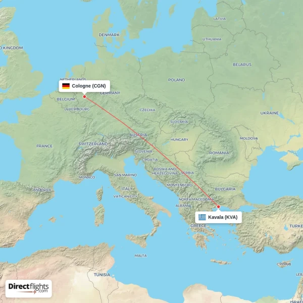 Kavala - Cologne direct flight map