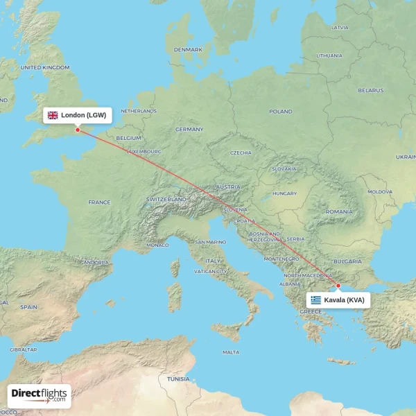 Kavala - London direct flight map