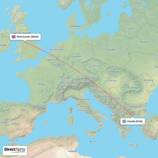 Kavala - Manchester direct flight map
