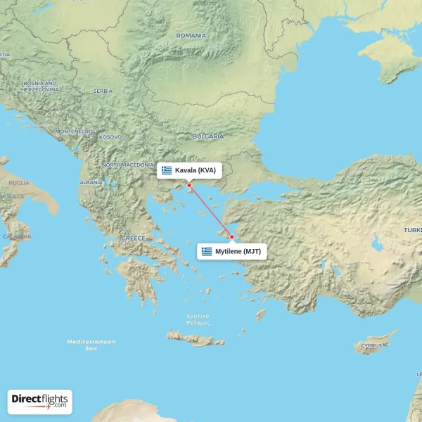 Kavala - Mytilene direct flight map