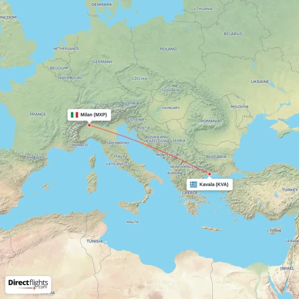 Kavala - Milan direct flight map