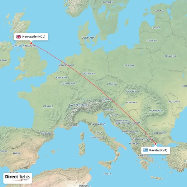Kavala - Newcastle direct flight map