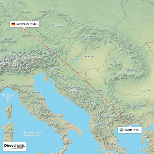 Kavala - Nuremberg direct flight map