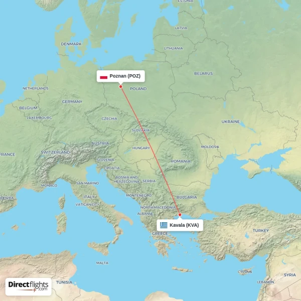 Kavala - Poznan direct flight map