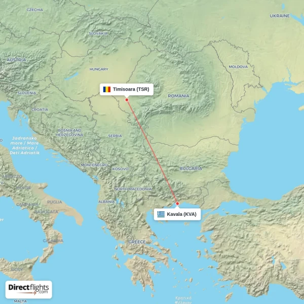 Kavala - Timisoara direct flight map