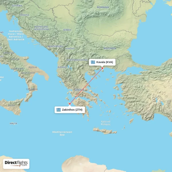 Kavala - Zakinthos direct flight map