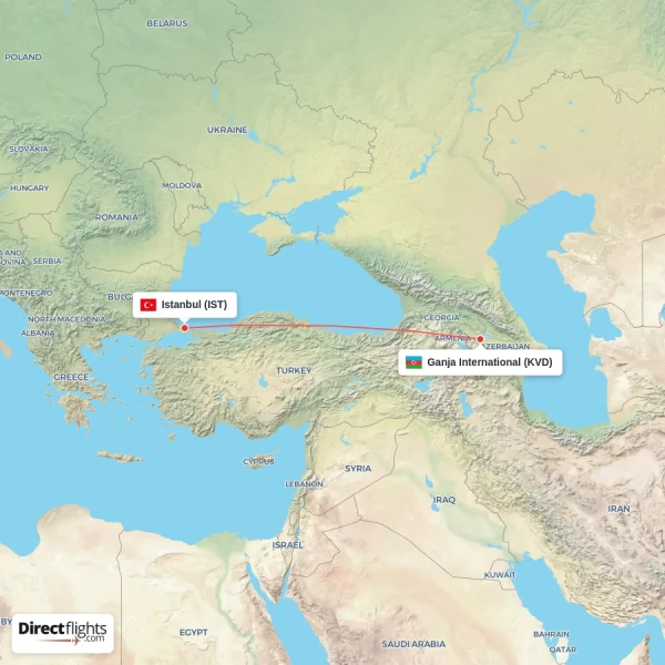 Ganja International - Istanbul direct flight map