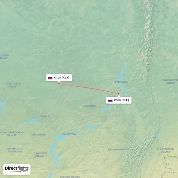 Kirov - Perm direct flight map