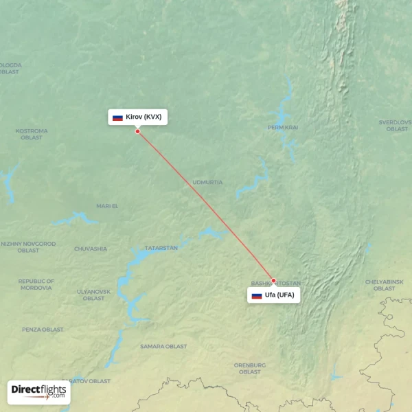 Kirov - Ufa direct flight map