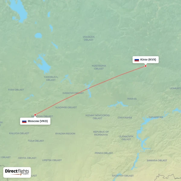 Kirov - Moscow direct flight map