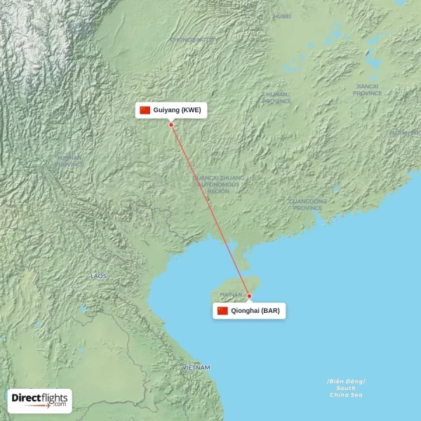 Guiyang - Qionghai direct flight map