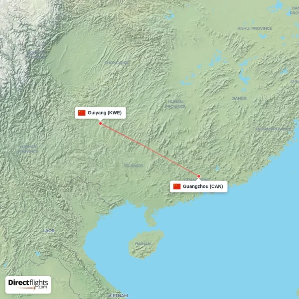 Guiyang - Guangzhou direct flight map
