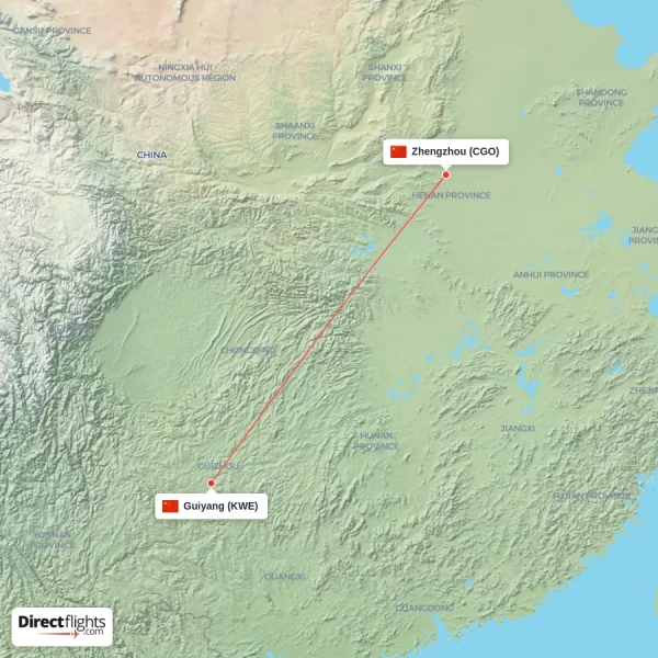 Guiyang - Zhengzhou direct flight map
