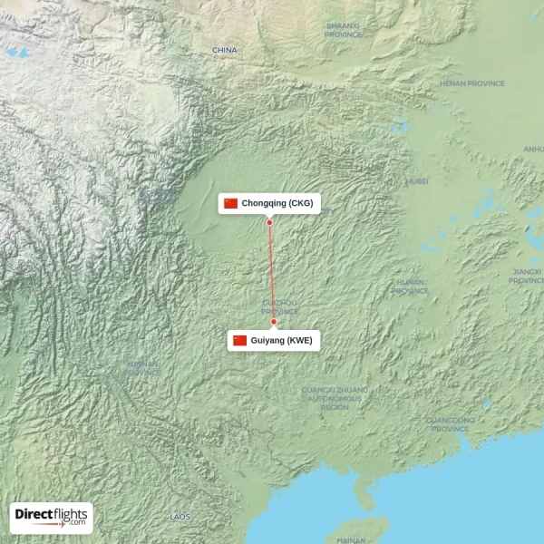 Guiyang - Chongqing direct flight map