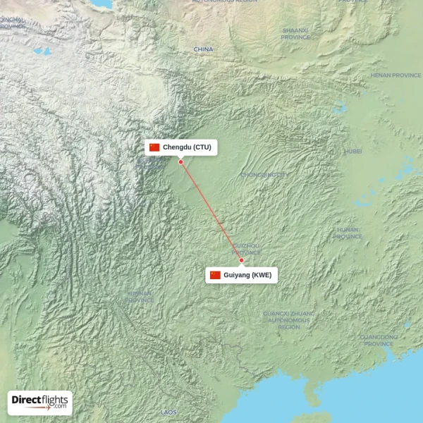 Guiyang - Chengdu direct flight map