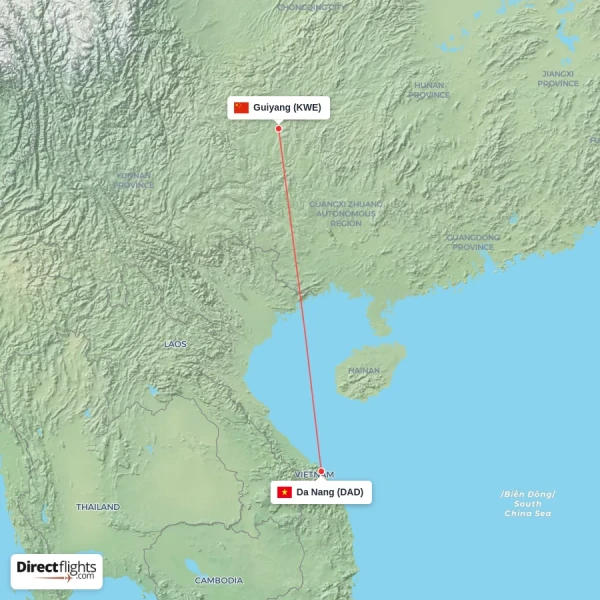 Guiyang - Da Nang direct flight map