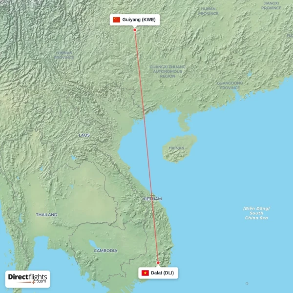 Guiyang - Dalat direct flight map