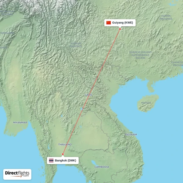 Guiyang - Bangkok direct flight map