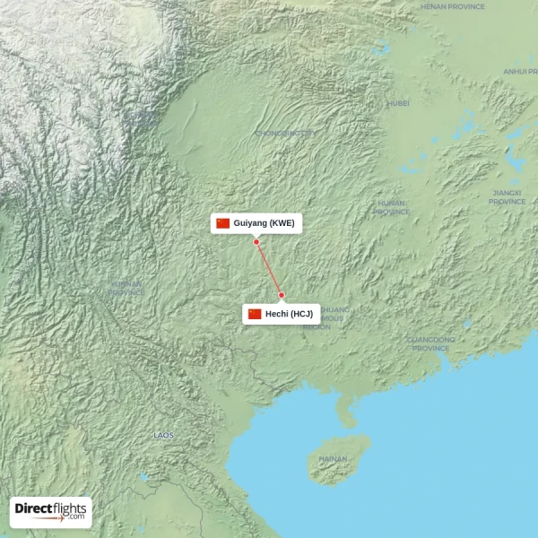Guiyang - Hechi direct flight map