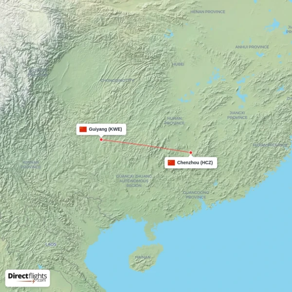 Guiyang - Chenzhou direct flight map