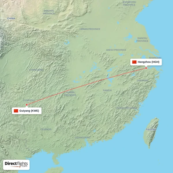 Guiyang - Hangzhou direct flight map