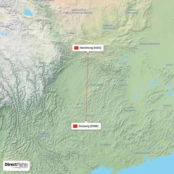 Guiyang - Hanzhong direct flight map