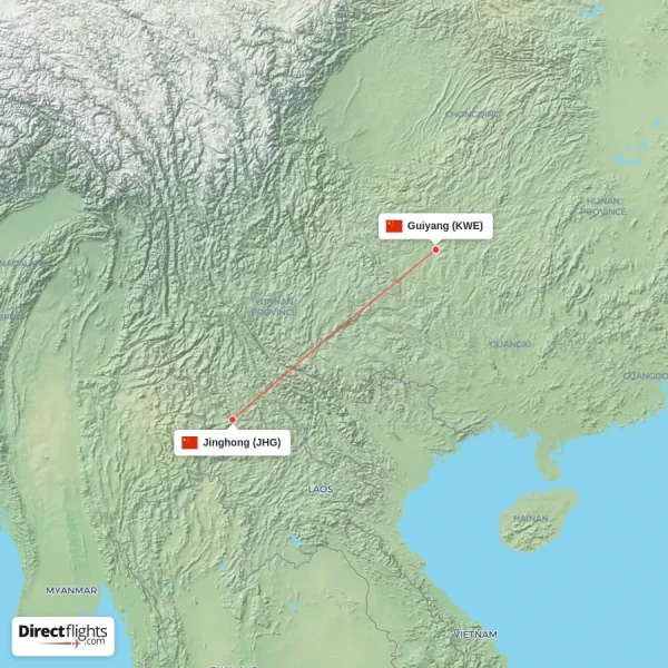 Guiyang - Jinghong direct flight map