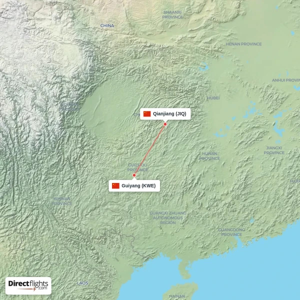 Guiyang - Qianjiang direct flight map