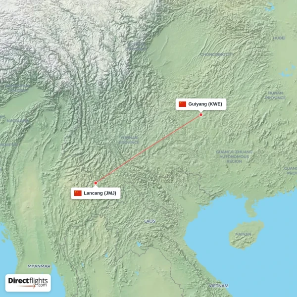 Guiyang - Lancang direct flight map