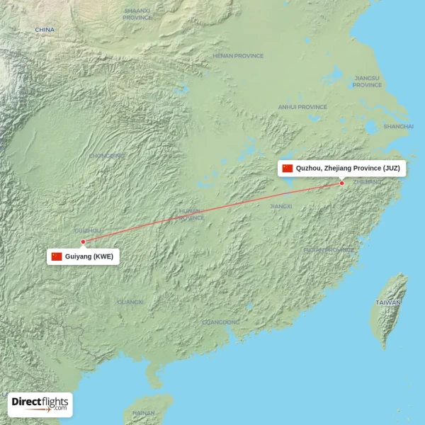 Guiyang - Quzhou, Zhejiang Province direct flight map