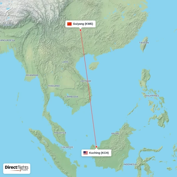 Guiyang - Kuching direct flight map