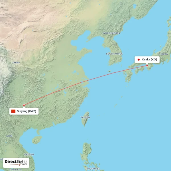Guiyang - Osaka direct flight map