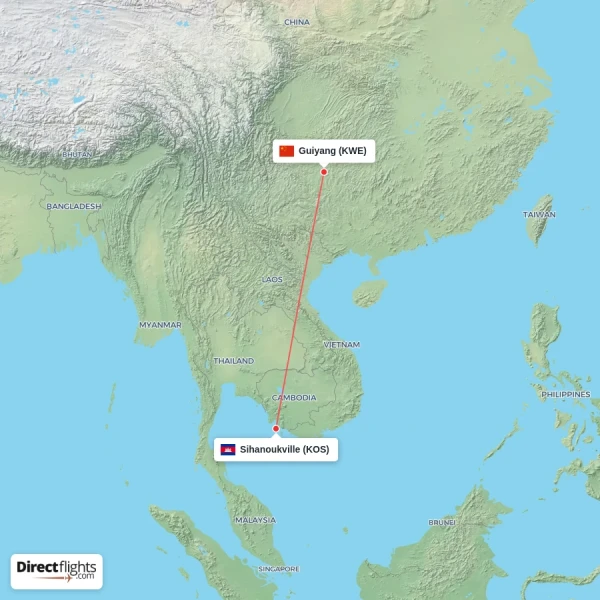 Guiyang - Sihanoukville direct flight map