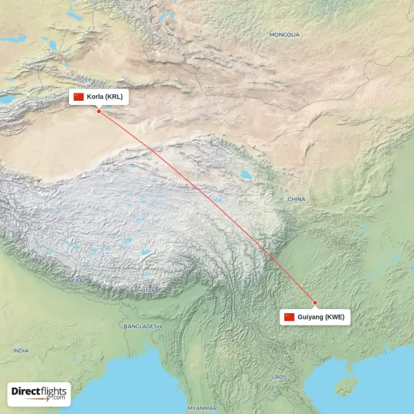 Guiyang - Korla direct flight map