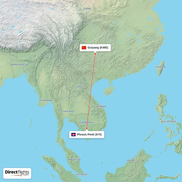 Guiyang - Phnom Penh direct flight map