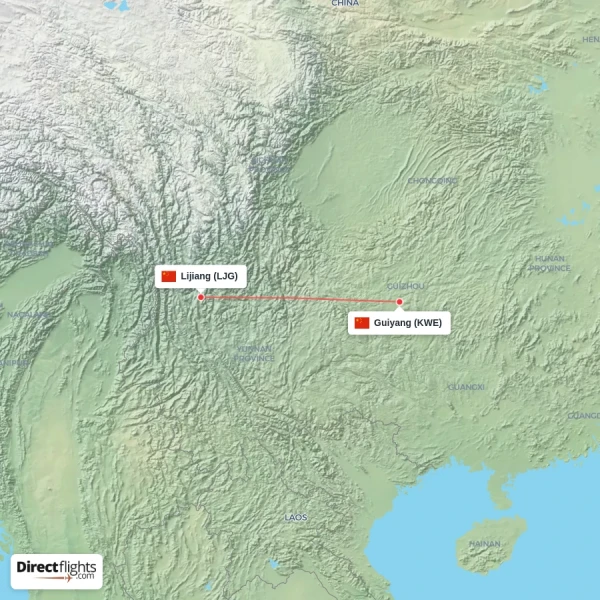 Guiyang - Lijiang direct flight map