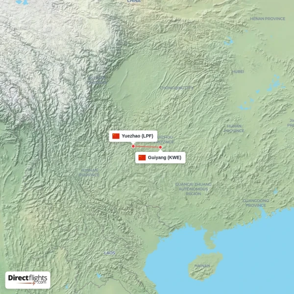 Guiyang - Yuezhao direct flight map