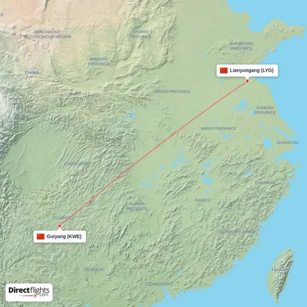 Guiyang - Lianyungang direct flight map