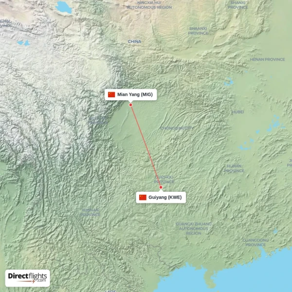 Guiyang - Mian Yang direct flight map