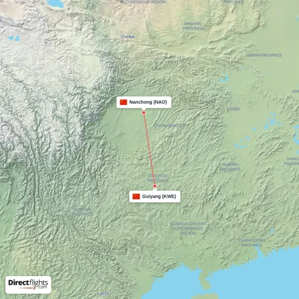 Guiyang - Nanchong direct flight map