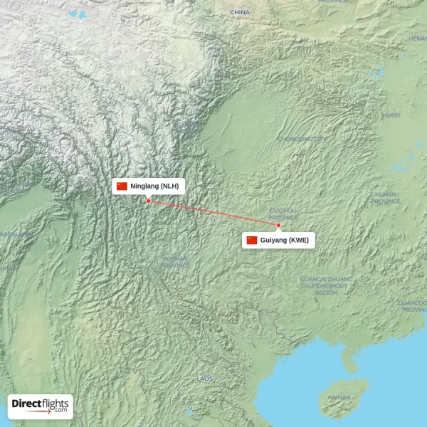 Guiyang - Ninglang direct flight map
