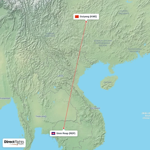 Guiyang - Siem Reap direct flight map