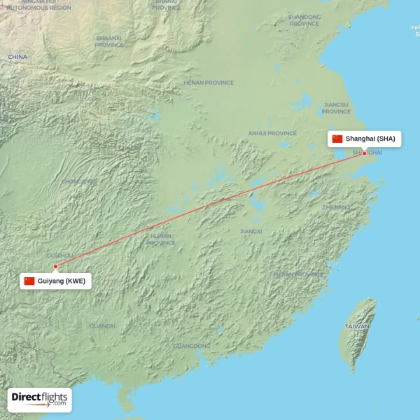 Guiyang - Shanghai direct flight map