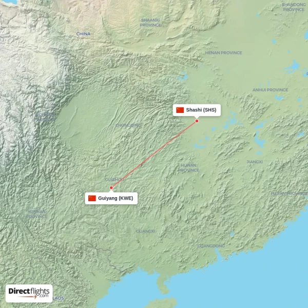 Guiyang - Shashi direct flight map
