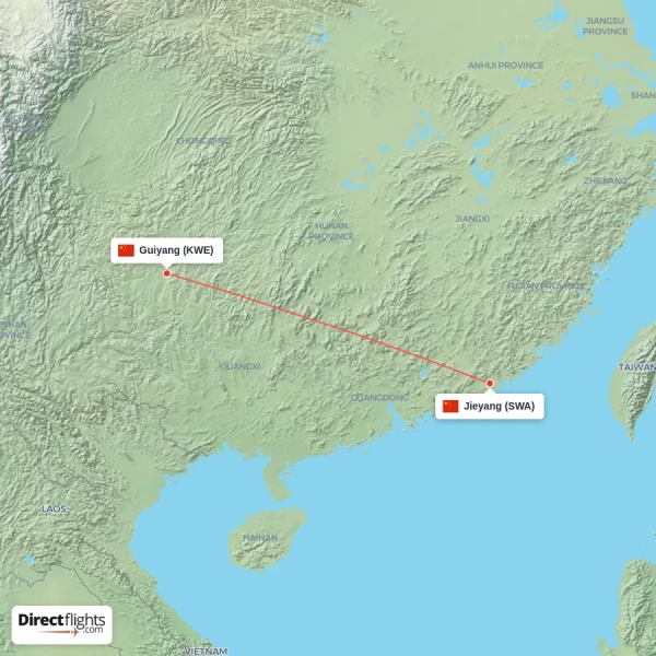 Guiyang - Jieyang direct flight map