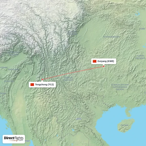 Guiyang - Tengchong direct flight map
